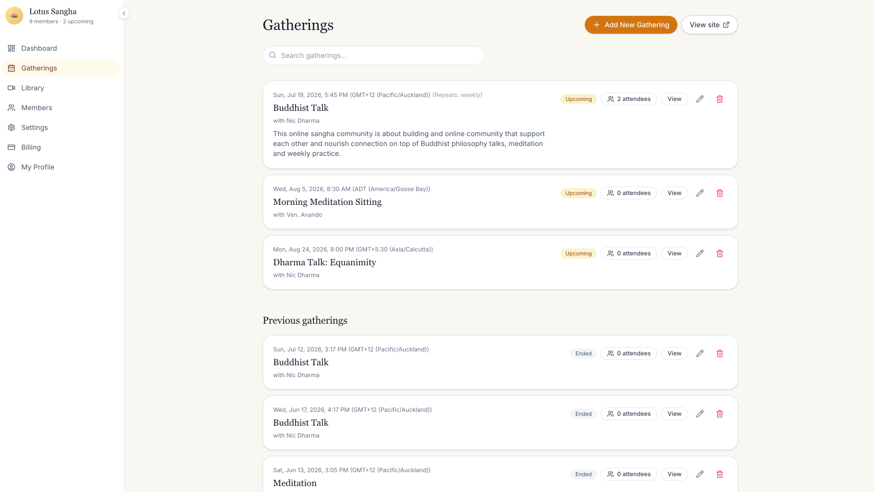 Admin gatherings management dashboard